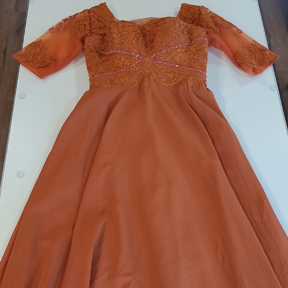NWOT Renaissance Style Burnt Orange Emeblished Corset Style Short Sleeved Dress